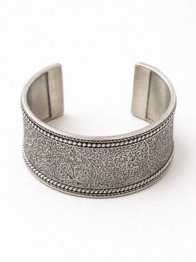 Intricate Etched Silver Cuff Bracelet